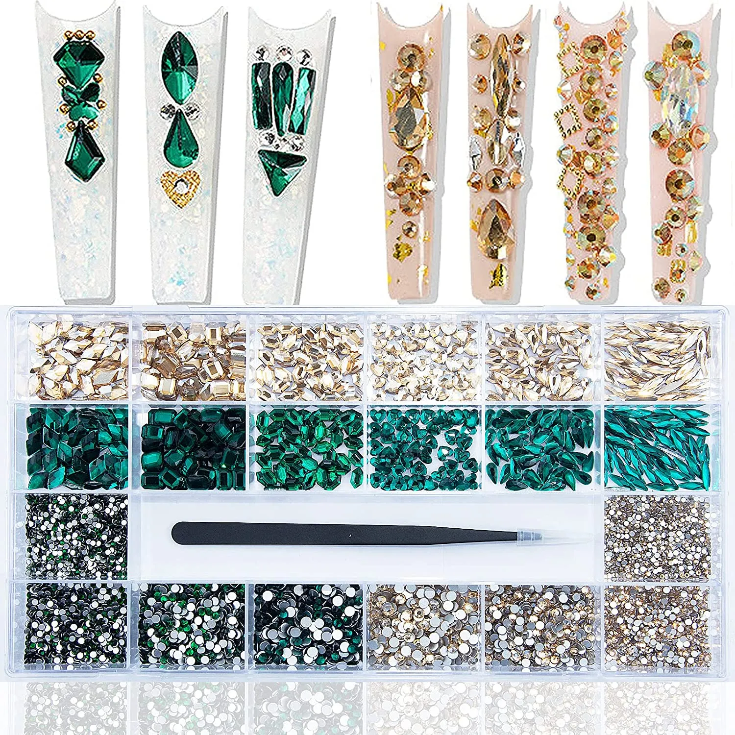 3800Pcs Red Blue Green AB Champagne Gold Black Pink Yellow Multi Shaped Big Nail Rhinestones Crystals Mix Colored Multi Sized Nail Round Beads Glass Gems Rhinestones for Nail DIY Crafts Jewelry