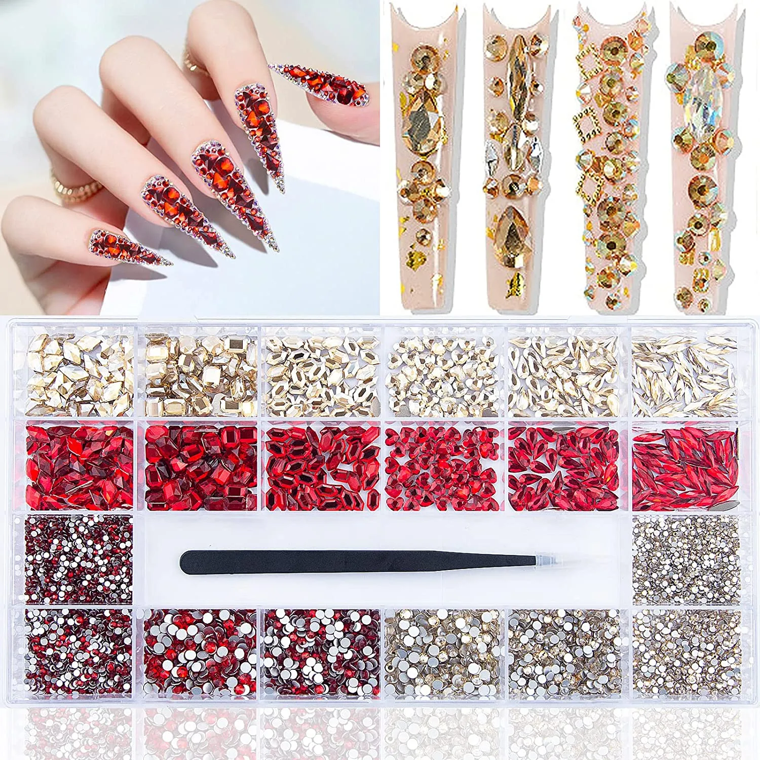 3800Pcs Red Blue Green AB Champagne Gold Black Pink Yellow Multi Shaped Big Nail Rhinestones Crystals Mix Colored Multi Sized Nail Round Beads Glass Gems Rhinestones for Nail DIY Crafts Jewelry