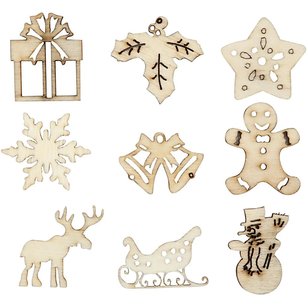 45 x Wooden Die Cut Christmas Ornaments With Box Decoration Crafts 28 mm
