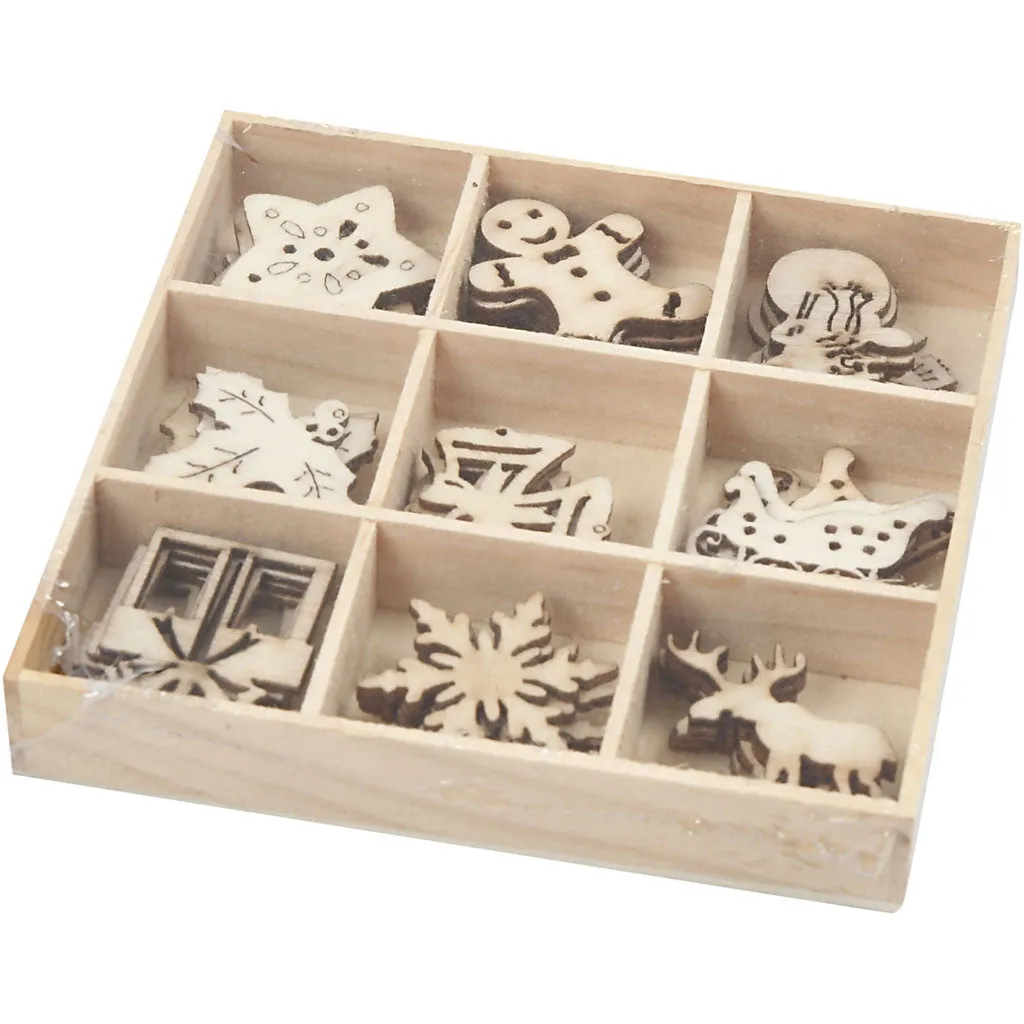 45 x Wooden Die Cut Christmas Ornaments With Box Decoration Crafts 28 mm