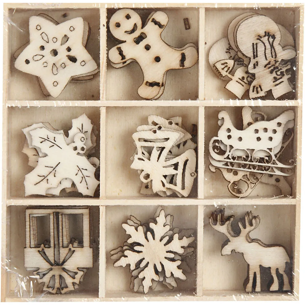 45 x Wooden Die Cut Christmas Ornaments With Box Decoration Crafts 28 mm