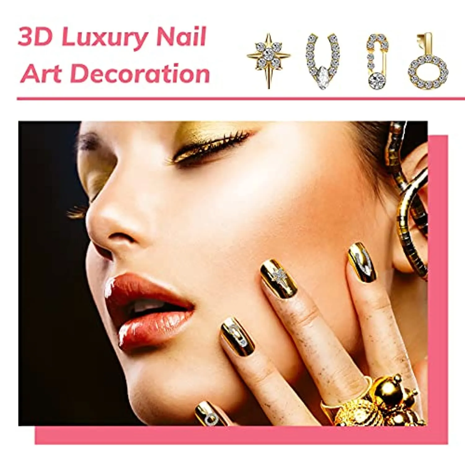 48 Pieces 3D Shiny Nail Rhinestones Luxury Nail Art Decoration Diamonds Metal Nail Jewelry Nail Beauty Design Charms Gold Heart Nail Gems Nail Art Design Crystals for DIY Women Nail Art, 24 Styles