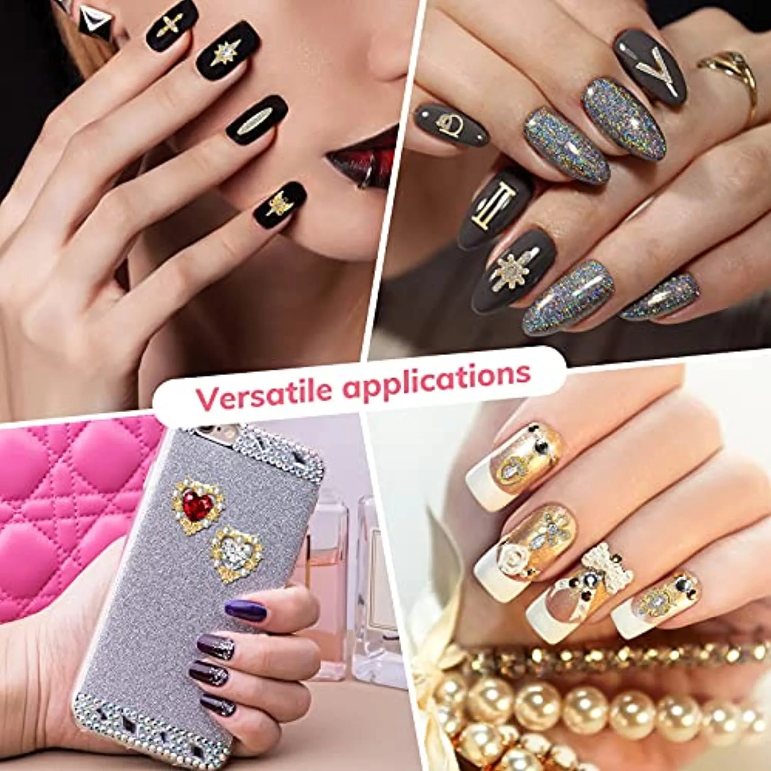 48 Pieces 3D Shiny Nail Rhinestones Luxury Nail Art Decoration Diamonds Metal Nail Jewelry Nail Beauty Design Charms Gold Heart Nail Gems Nail Art Design Crystals for DIY Women Nail Art, 24 Styles