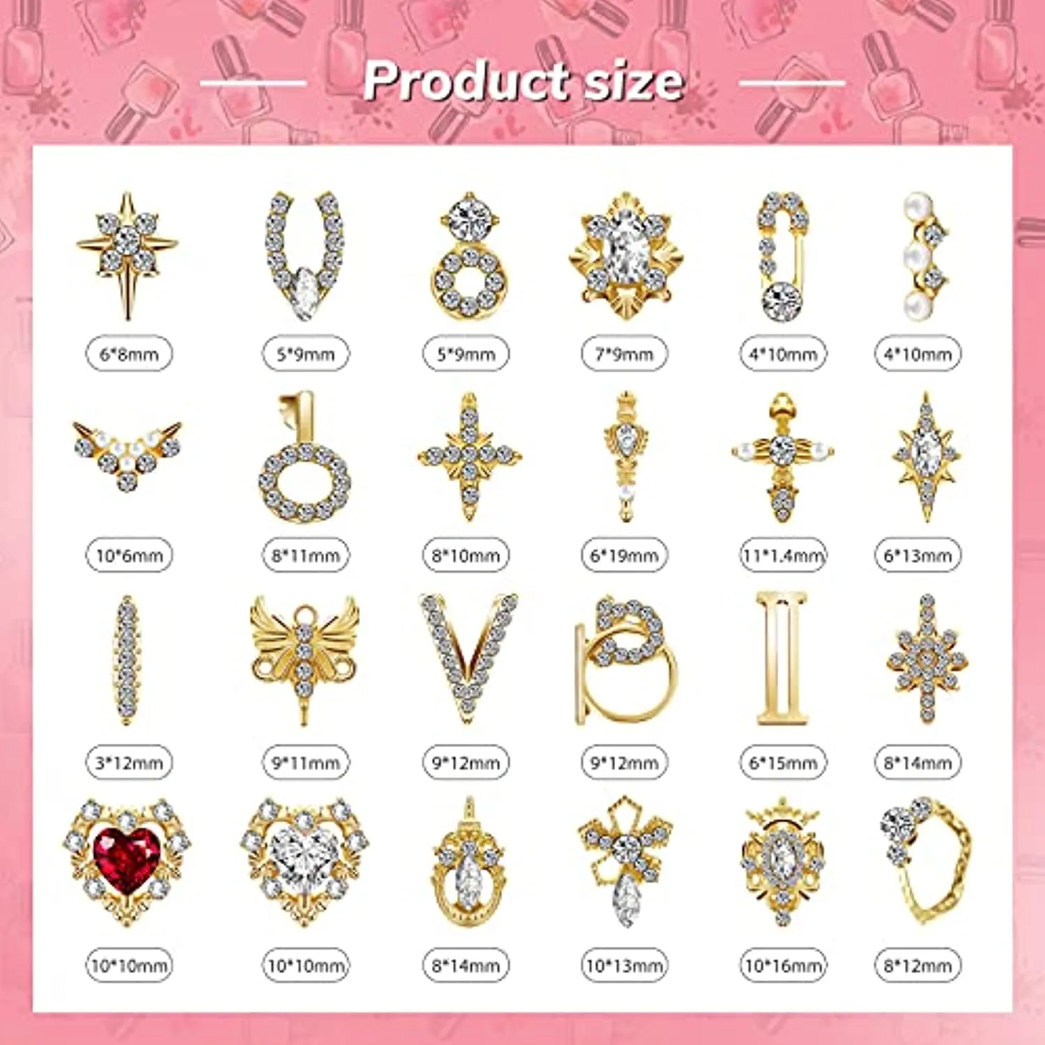 48 Pieces 3D Shiny Nail Rhinestones Luxury Nail Art Decoration Diamonds Metal Nail Jewelry Nail Beauty Design Charms Gold Heart Nail Gems Nail Art Design Crystals for DIY Women Nail Art, 24 Styles