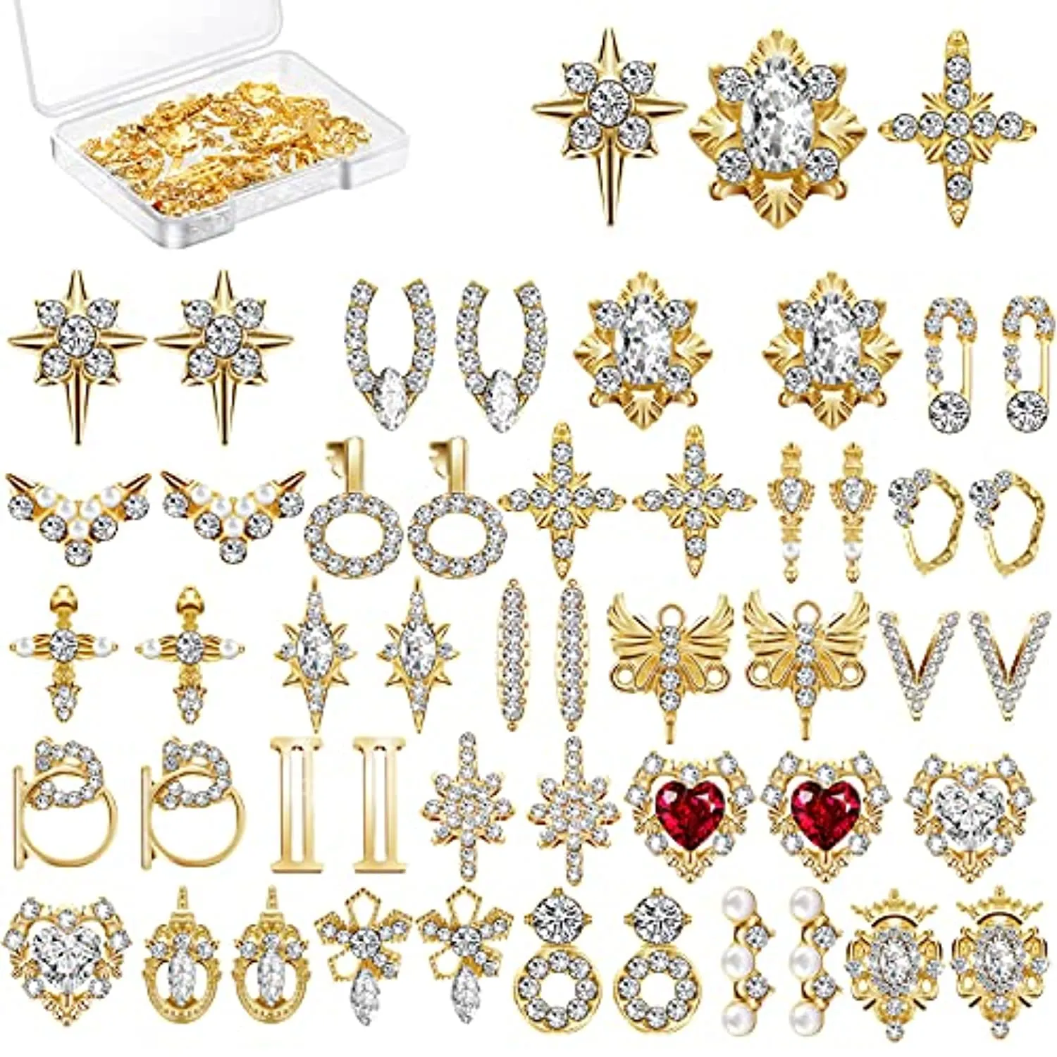 48 Pieces 3D Shiny Nail Rhinestones Luxury Nail Art Decoration Diamonds Metal Nail Jewelry Nail Beauty Design Charms Gold Heart Nail Gems Nail Art Design Crystals for DIY Women Nail Art, 24 Styles