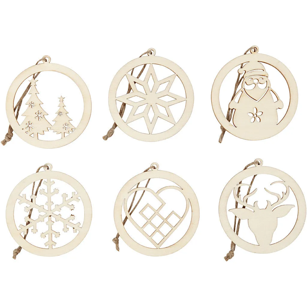 6 x Wooden Christmas Ornaments With Suspension Cord Hanging Decoration Crafts 8 cm