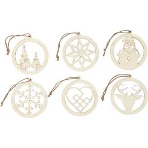 6 x Wooden Christmas Ornaments With Suspension Cord Hanging Decoration Crafts 8 cm