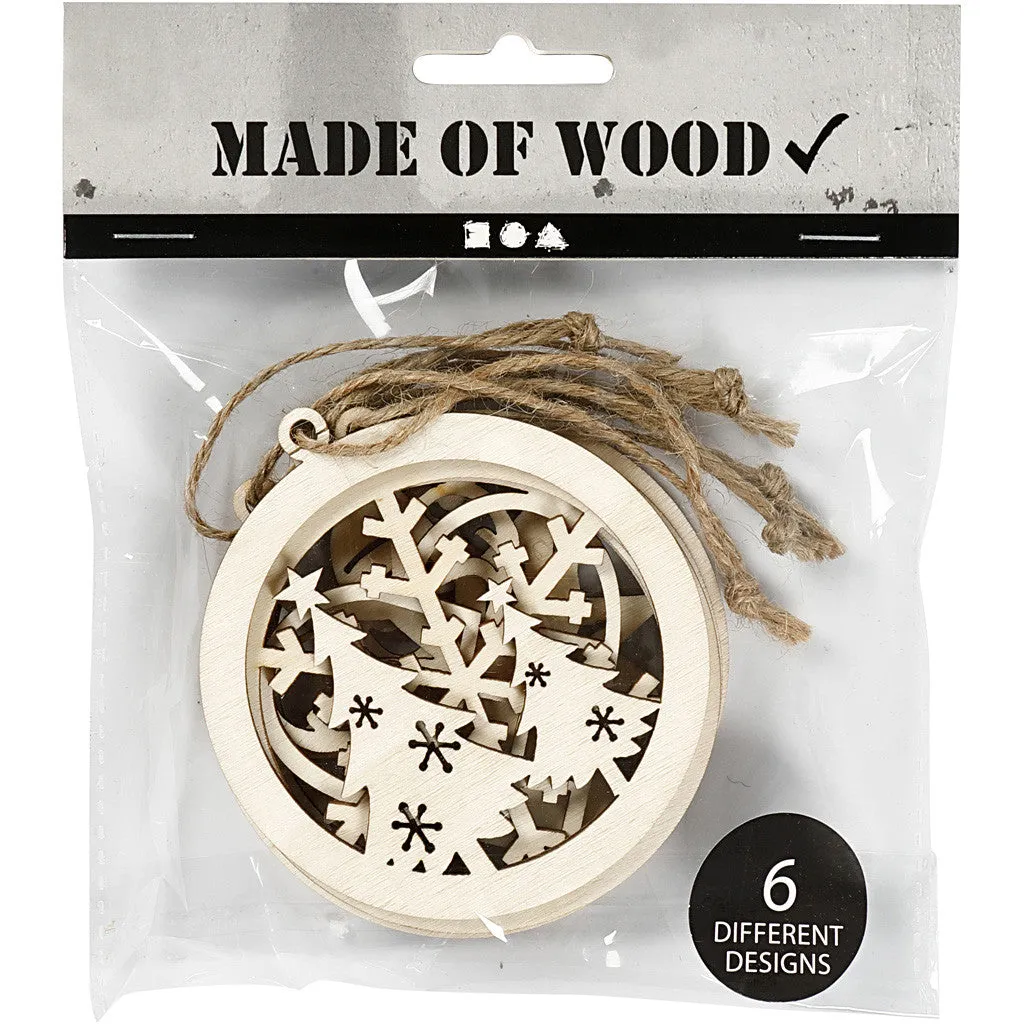6 x Wooden Christmas Ornaments With Suspension Cord Hanging Decoration Crafts 8 cm
