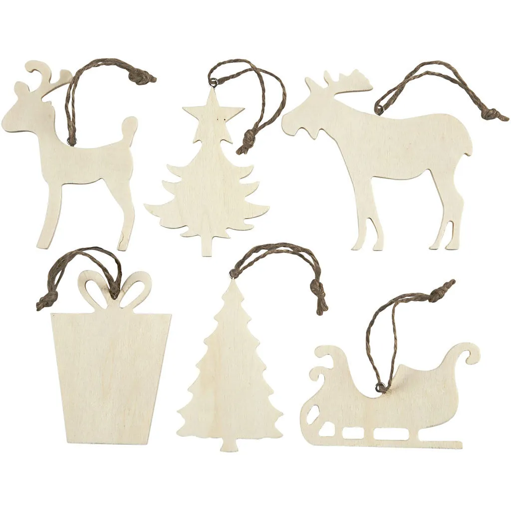 90 x Assorted Shape Plywood Christmas Ornaments With Cord Hanging Decoration Crafts