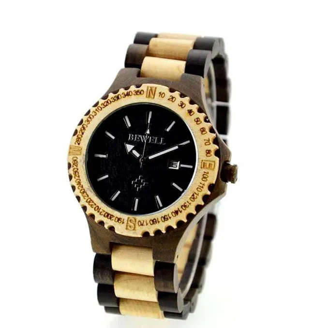 BEWELL Mens Natural Wooden Casual Watch with Box