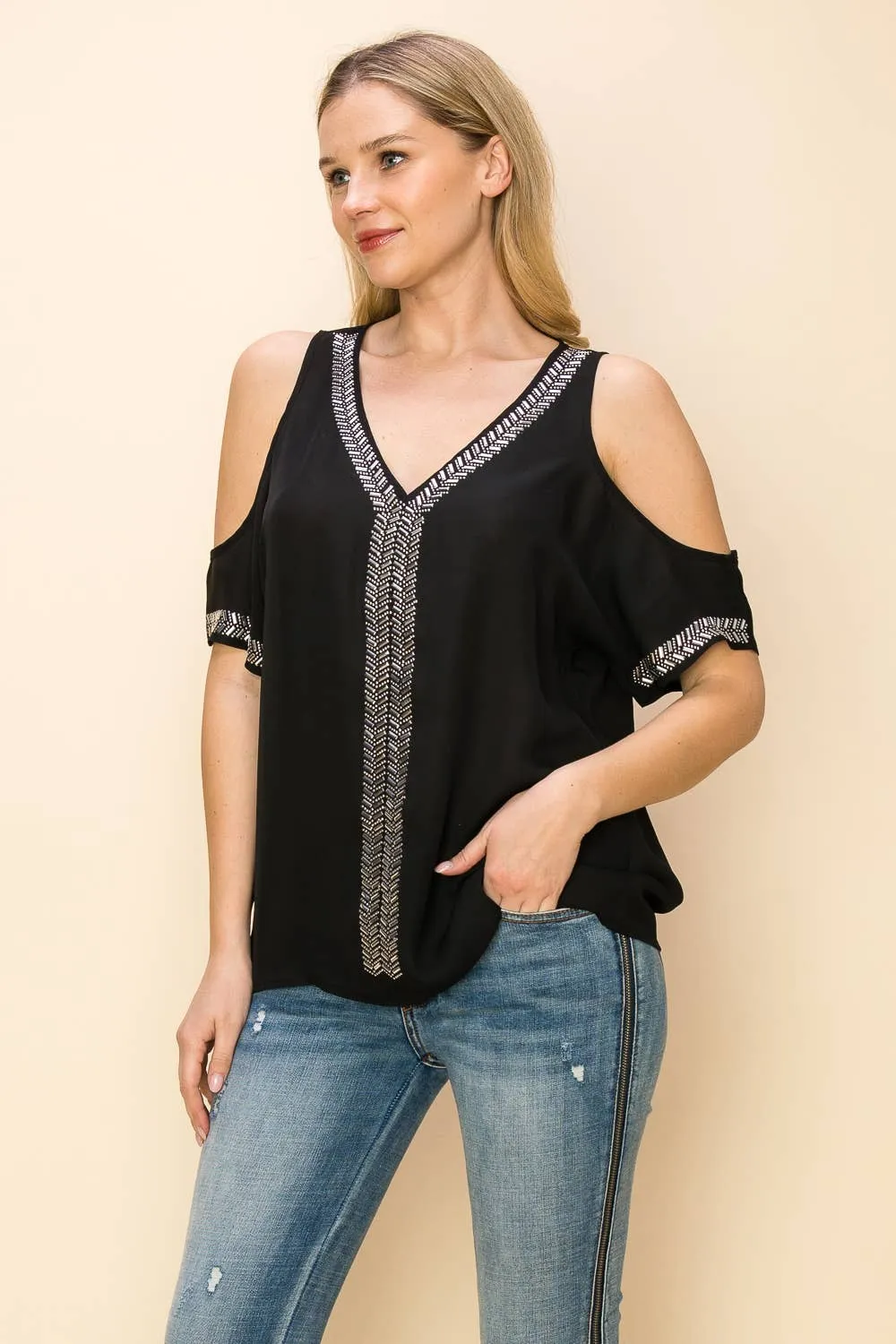 Black Embellished Cold Shoulder Short Sleeve Blouse