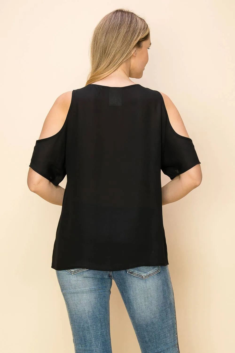 Black Embellished Cold Shoulder Short Sleeve Blouse