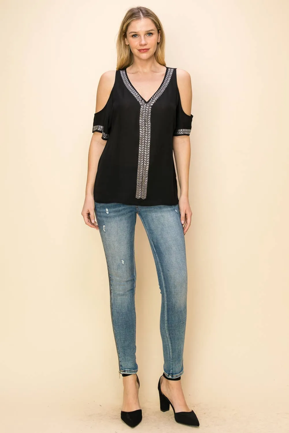 Black Embellished Cold Shoulder Short Sleeve Blouse