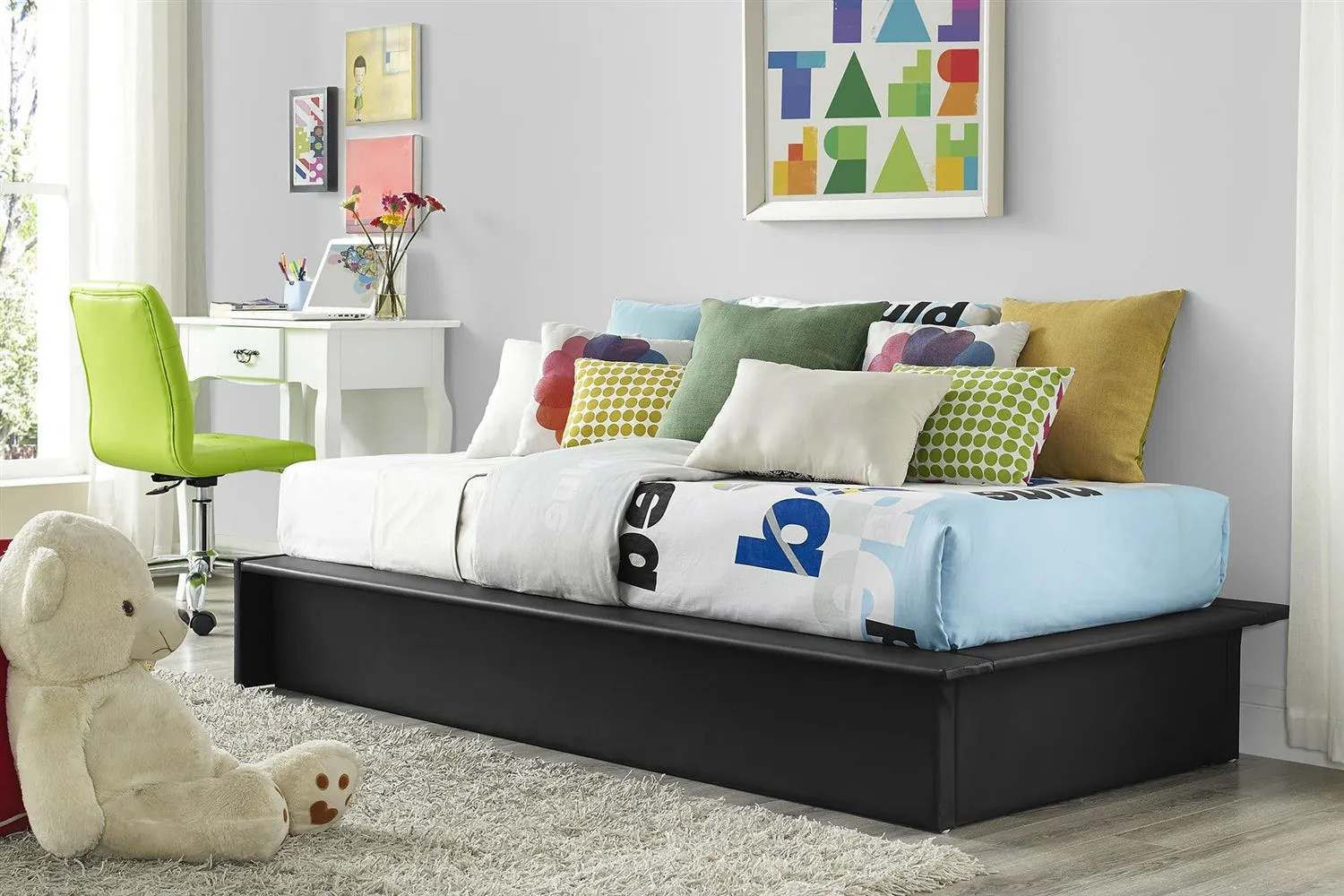Black Faux Leather Upholstered Platform Bed Frame with Wood Slats in Twin