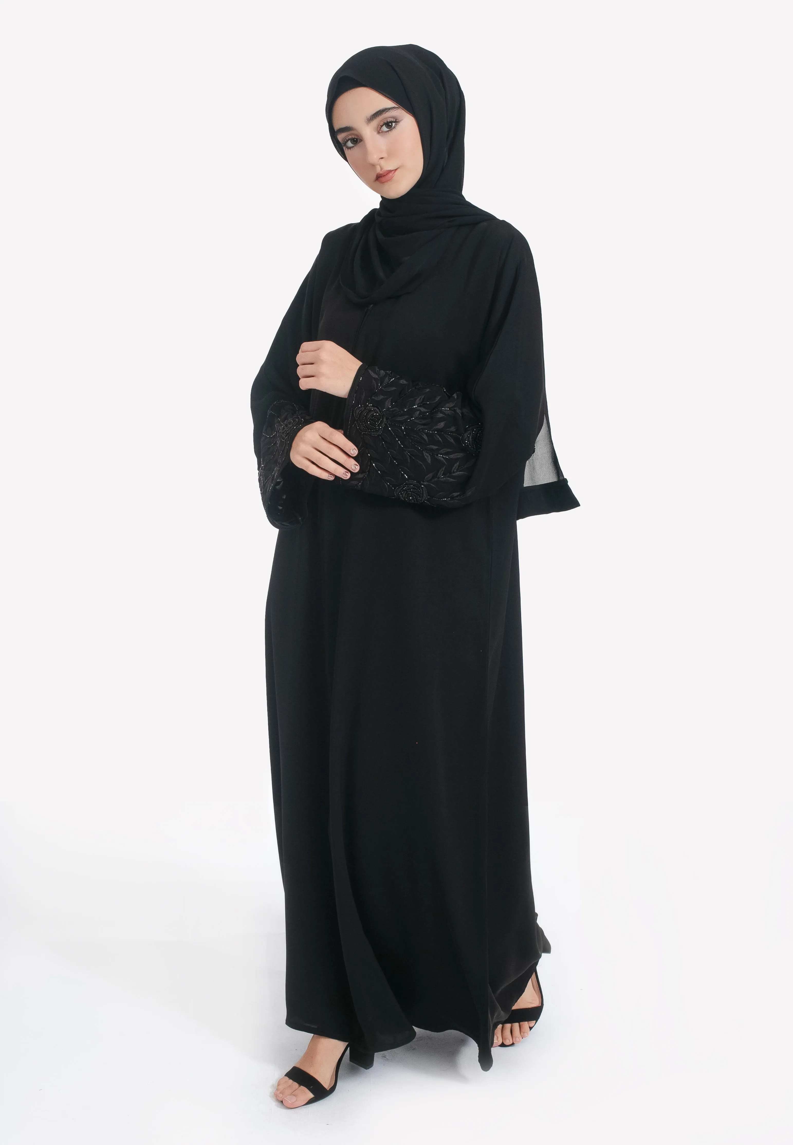 Black on Black Floral Embroidered Closed Abaya