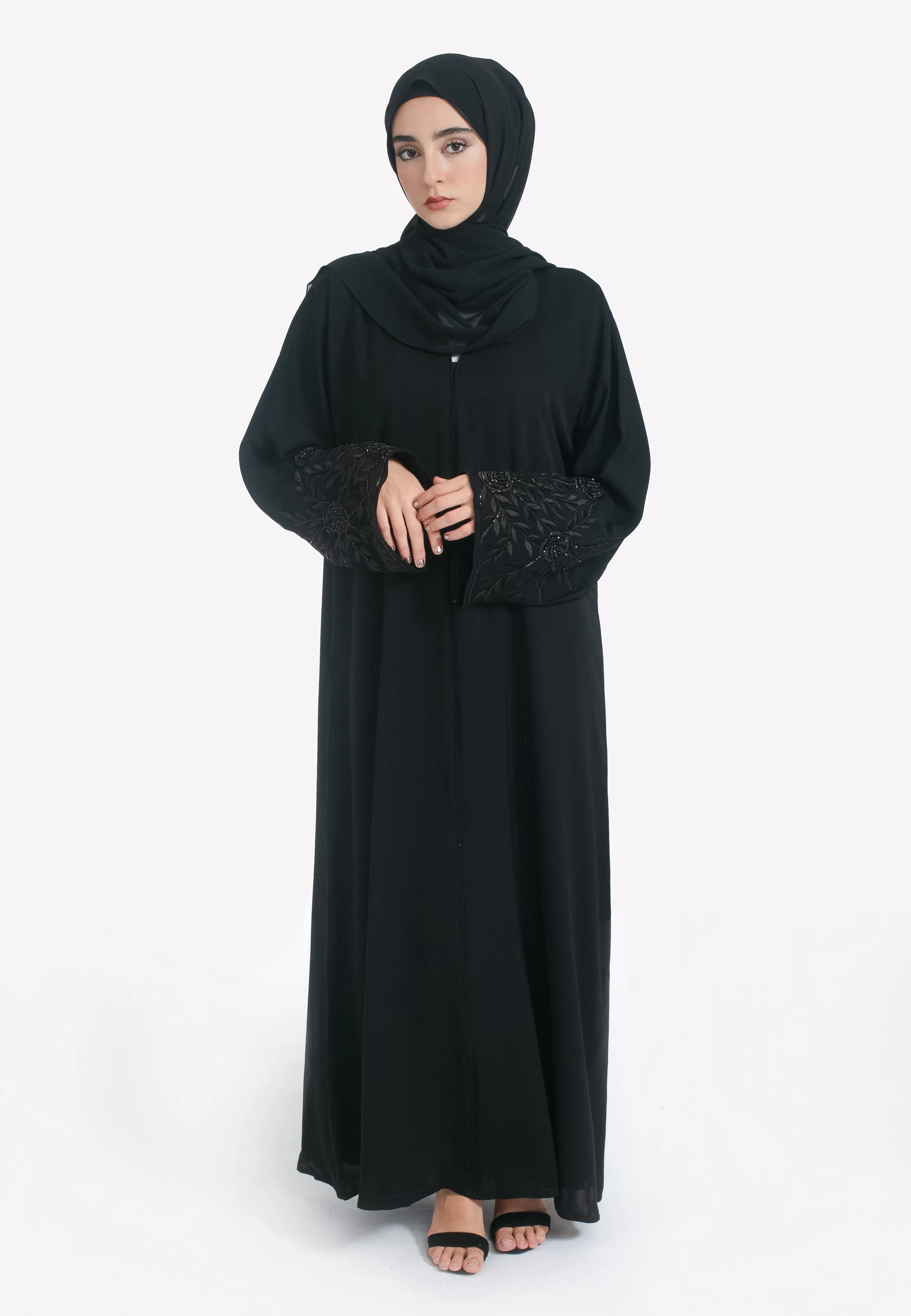 Black on Black Floral Embroidered Closed Abaya