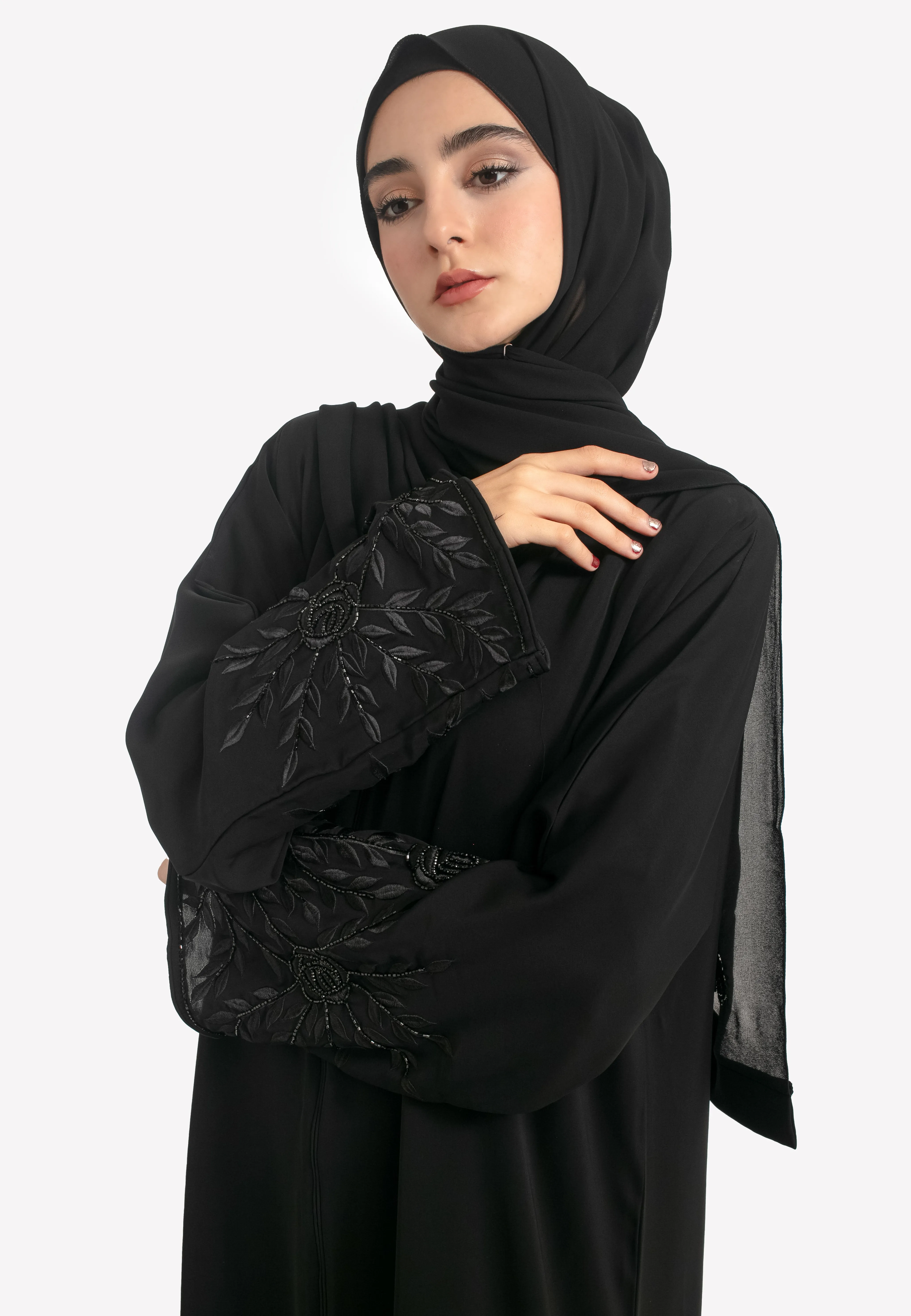 Black on Black Floral Embroidered Closed Abaya