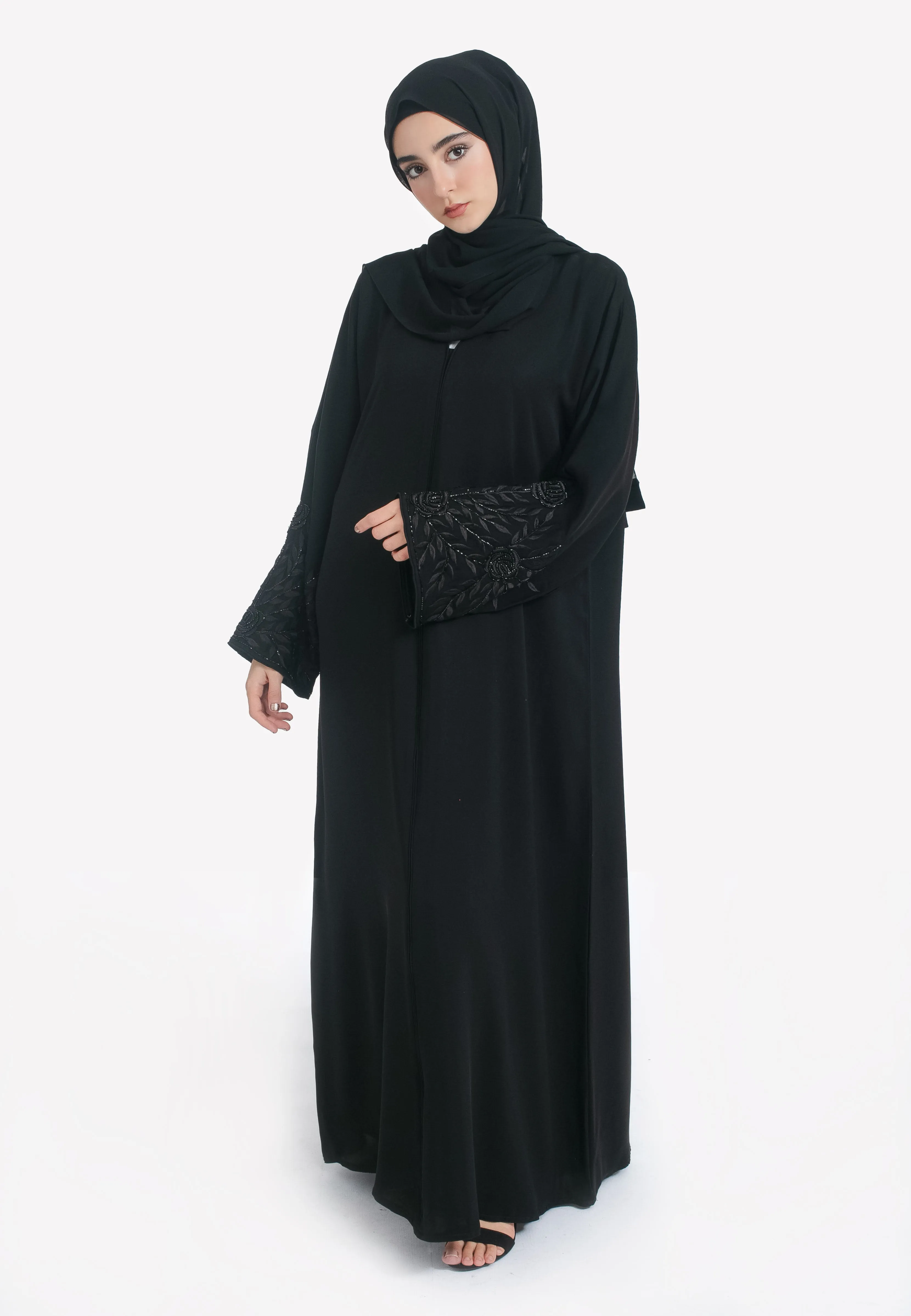 Black on Black Floral Embroidered Closed Abaya