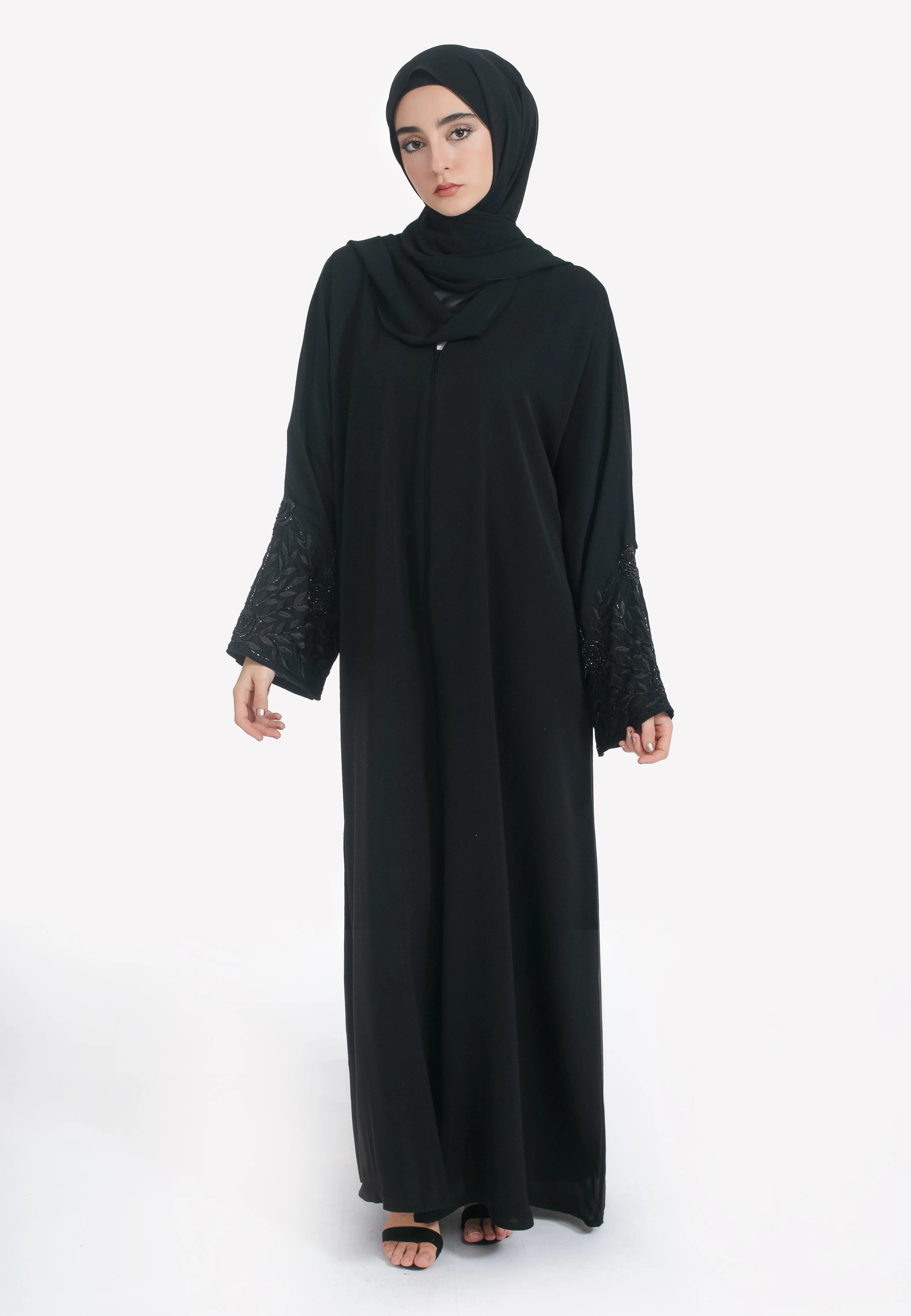 Black on Black Floral Embroidered Closed Abaya