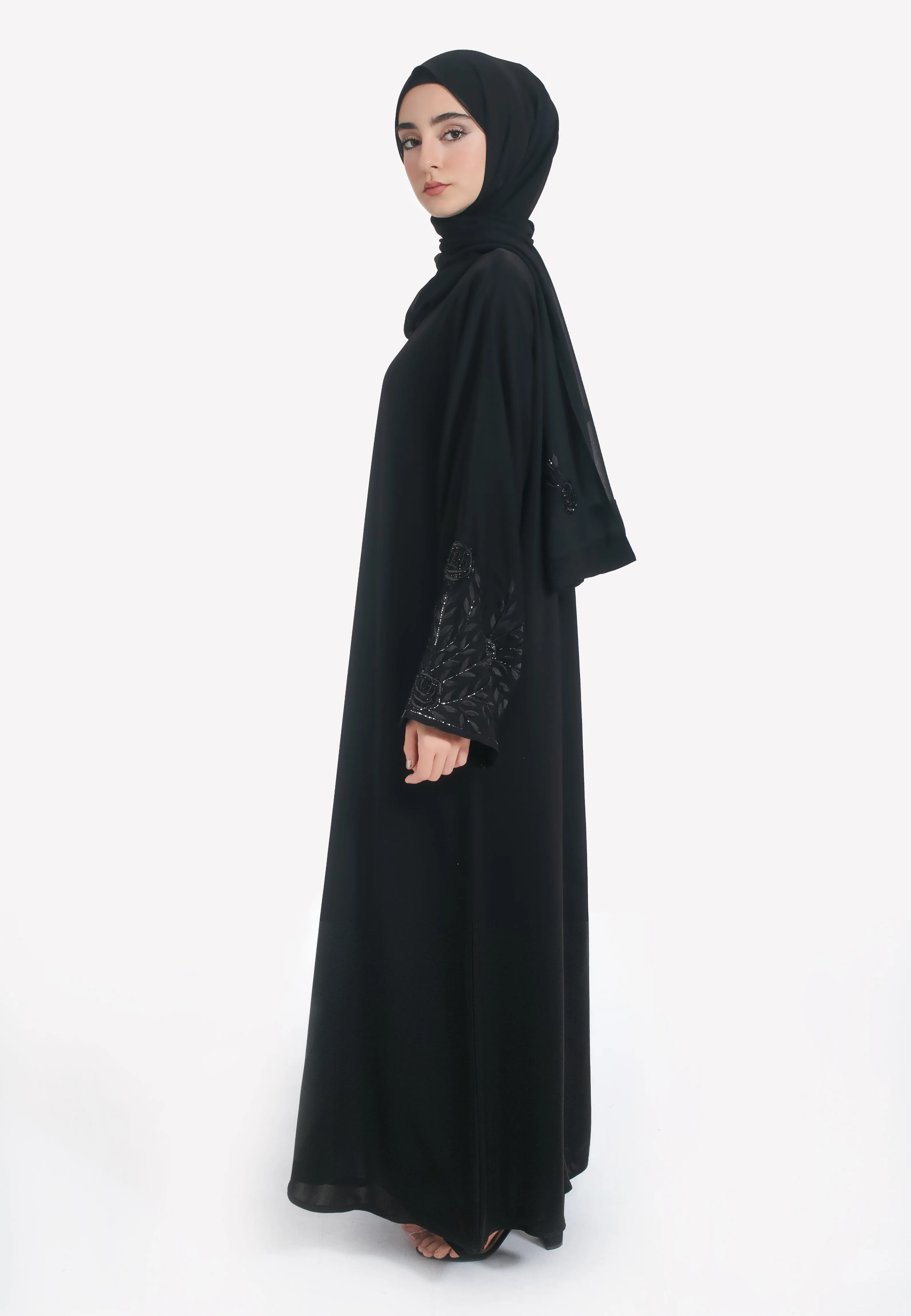 Black on Black Floral Embroidered Closed Abaya