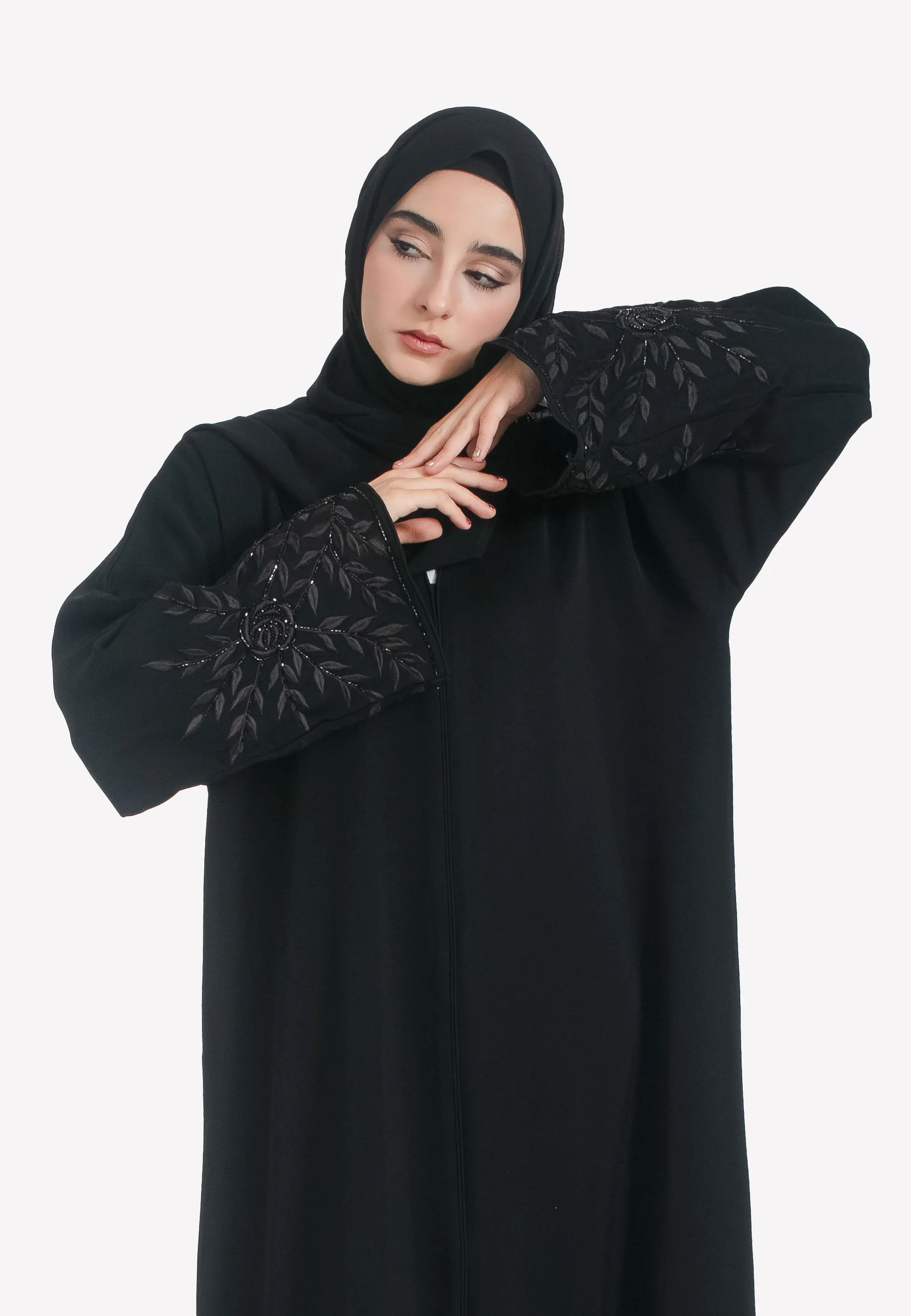 Black on Black Floral Embroidered Closed Abaya