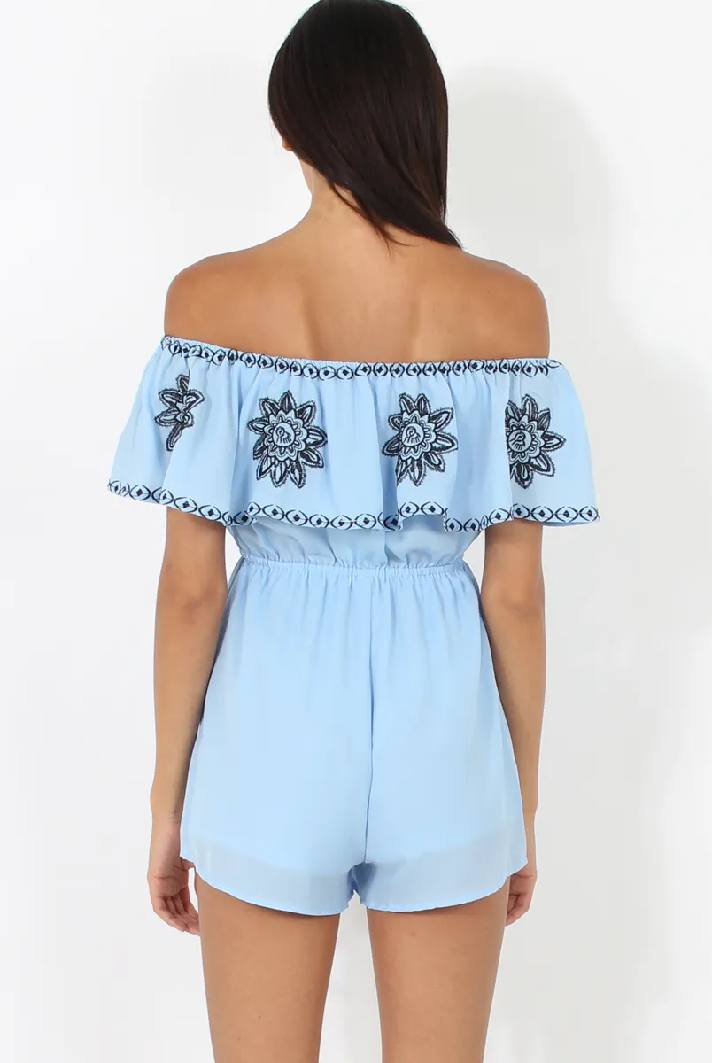 Blue Bandeau Playsuit With Embroidered Detail- Freye