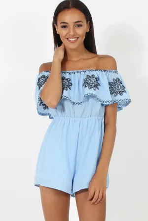 Blue Bandeau Playsuit With Embroidered Detail- Freye