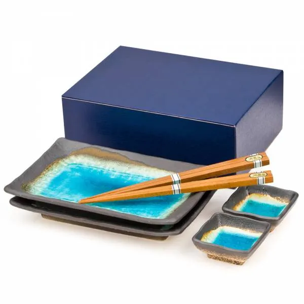 Blue Crackleglaze Sushi Set