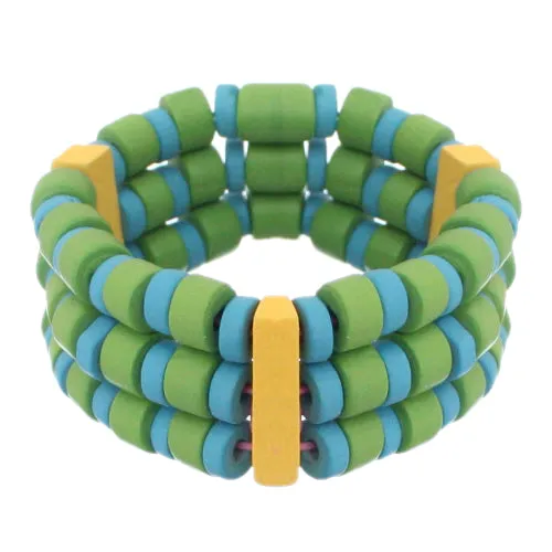 Blue Green Wooden Beaded Stretch Bracelet