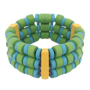 Blue Green Wooden Beaded Stretch Bracelet
