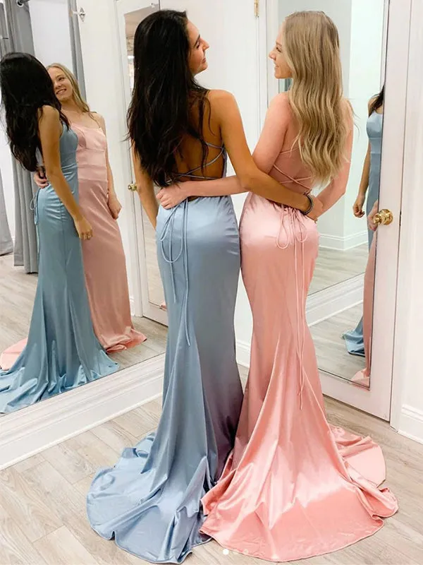 Blue Or Pink Open Lace Up Back Spaghetti Straps Mermaid Long Bridesmaid Dress, PD3511