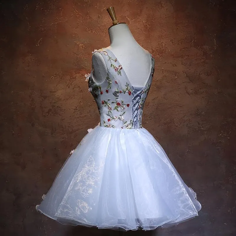 Blue Organza V-neckline Flowers Party Dress, Blue Short Prom Dress Homecoming Dress