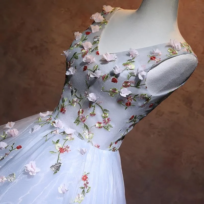 Blue Organza V-neckline Flowers Party Dress, Blue Short Prom Dress Homecoming Dress
