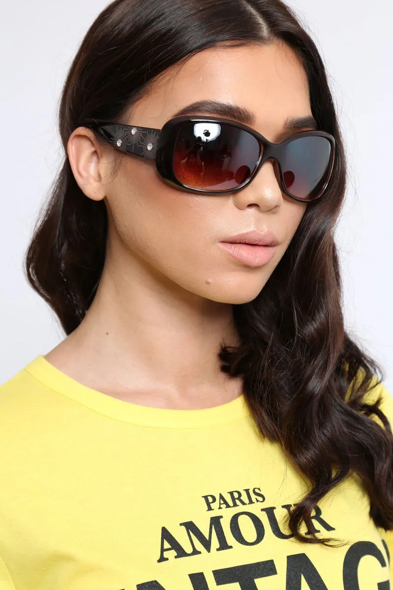 Brown Diamante Embellished Square Frame Sunglasses - Bula