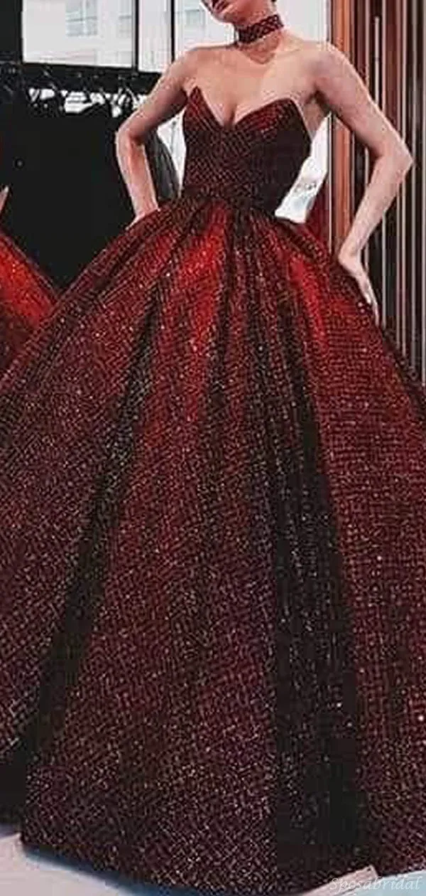 Burgundy A-Line Sparkly Strapless Modest Long Prom Dresses, Ball Gown, PD1156