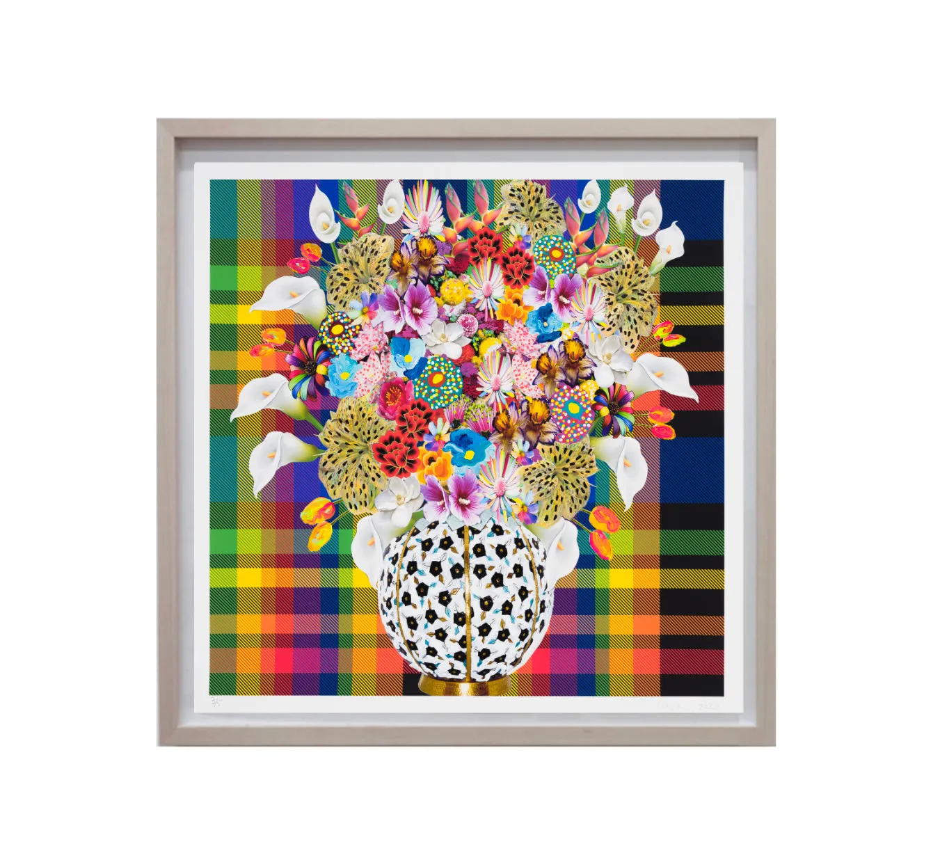 Caroline Larsen, Flowers with Plaid Version 1, 2022; Hand-Embellished, Signed, and Numbered Limited Edition Print