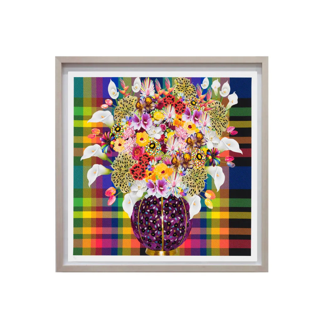 Caroline Larsen, Flowers with Plaid Version 1, 2022; Hand-Embellished, Signed, and Numbered Limited Edition Print