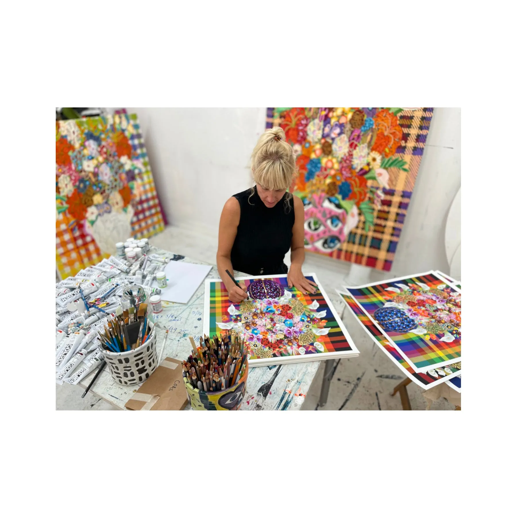 Caroline Larsen, Flowers with Plaid Version 1, 2022; Hand-Embellished, Signed, and Numbered Limited Edition Print