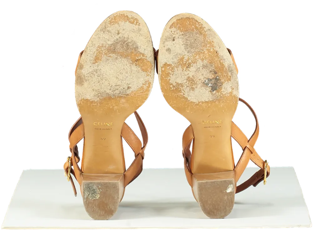 Celine Tan Leather Triomphe Logo Horsebit Block heel Sandals UK 6 EU 39