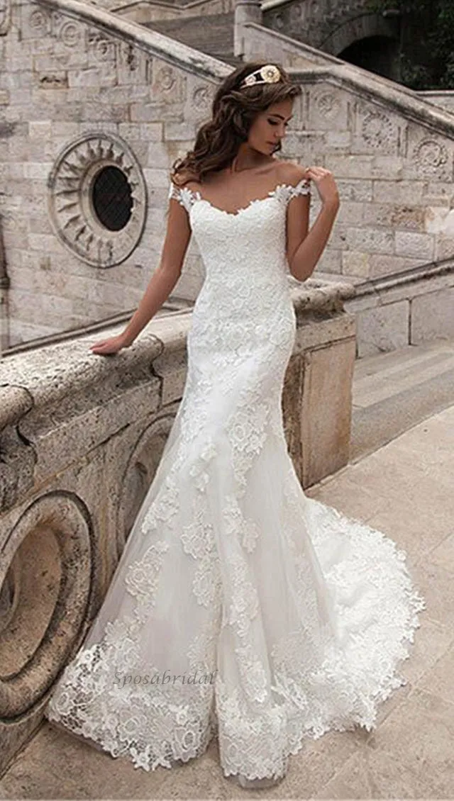 Charming Off Shoulder Sexy Mermaid White Lace Bridal Gown, Wedding Dresses, WD0058