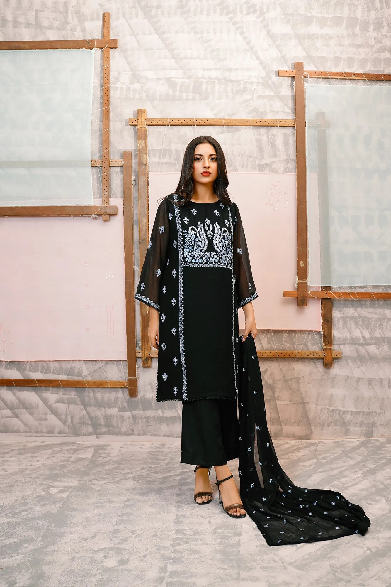 Classic Black Embroidered stitched 3-piece