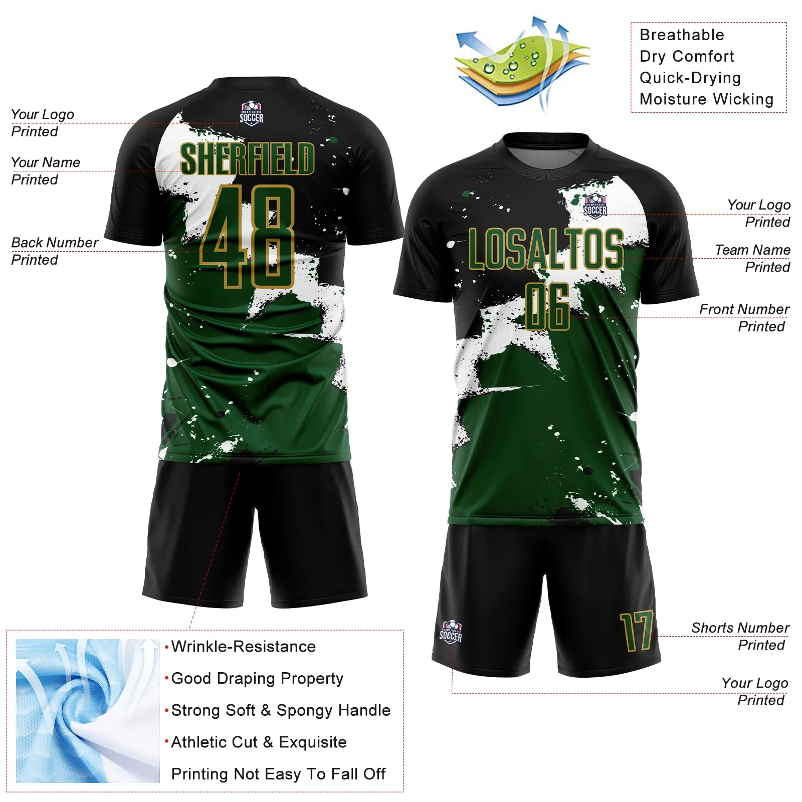 Custom Black Green-Old Gold Spalsh Sublimation Soccer Uniform Jersey