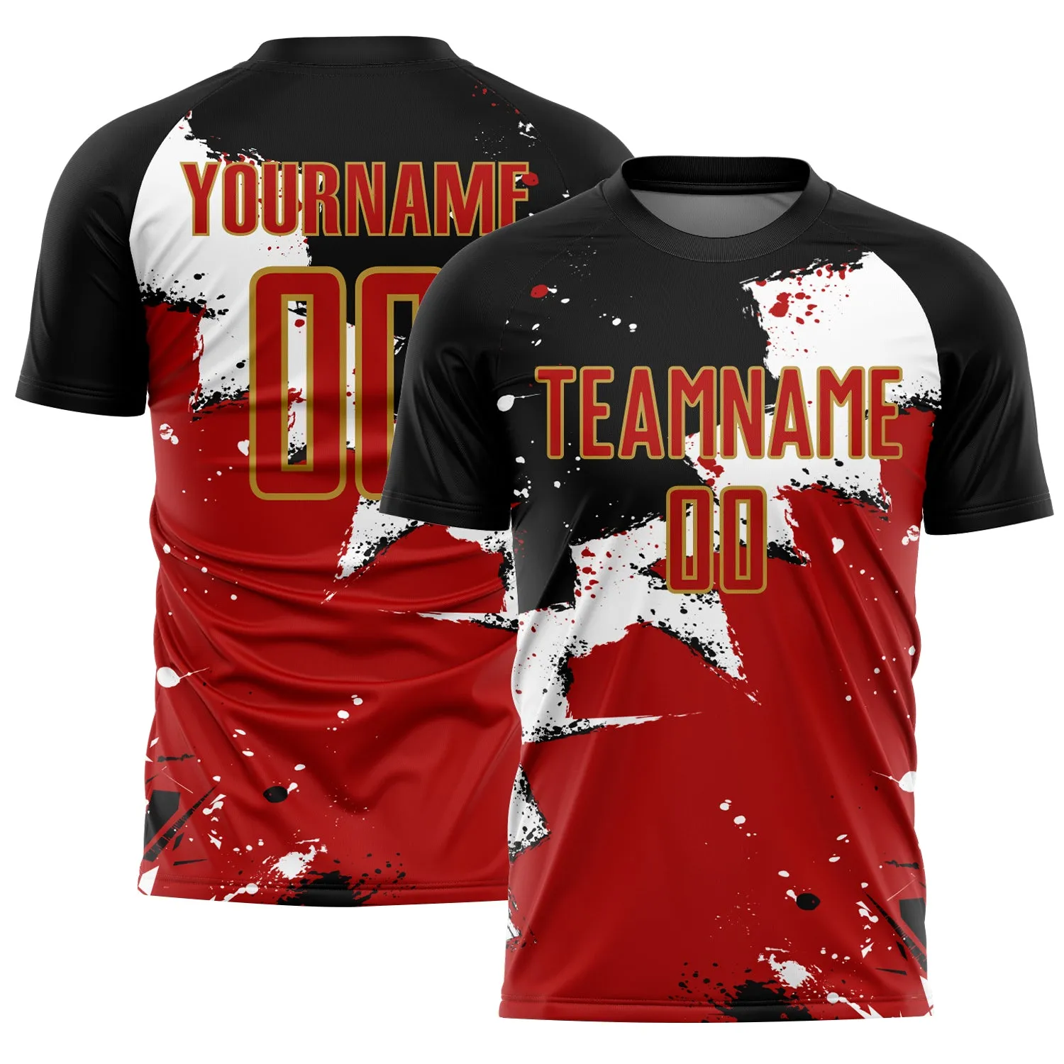 Custom Black Red-Old Gold Spalsh Sublimation Soccer Uniform Jersey
