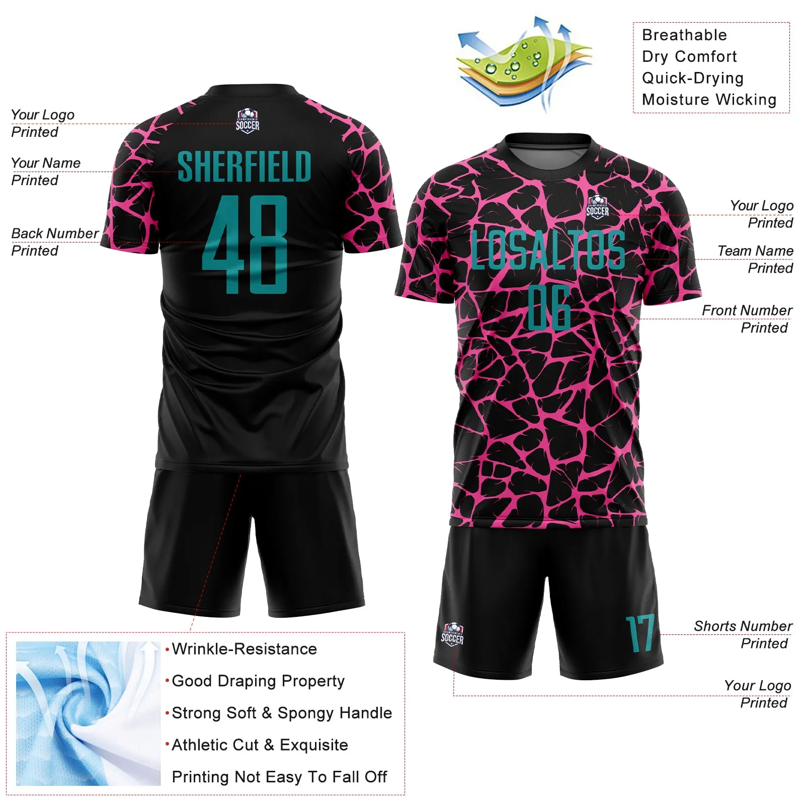 Custom Black Teal-Pink Abstract Network Splash Sublimation Soccer Uniform Jersey