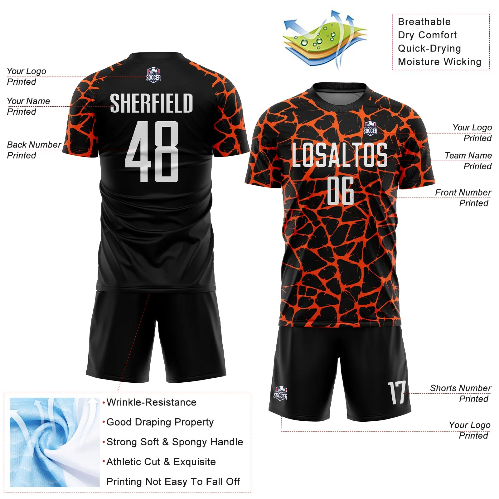 Custom Black White-Orange Abstract Network Splash Sublimation Soccer Uniform Jersey