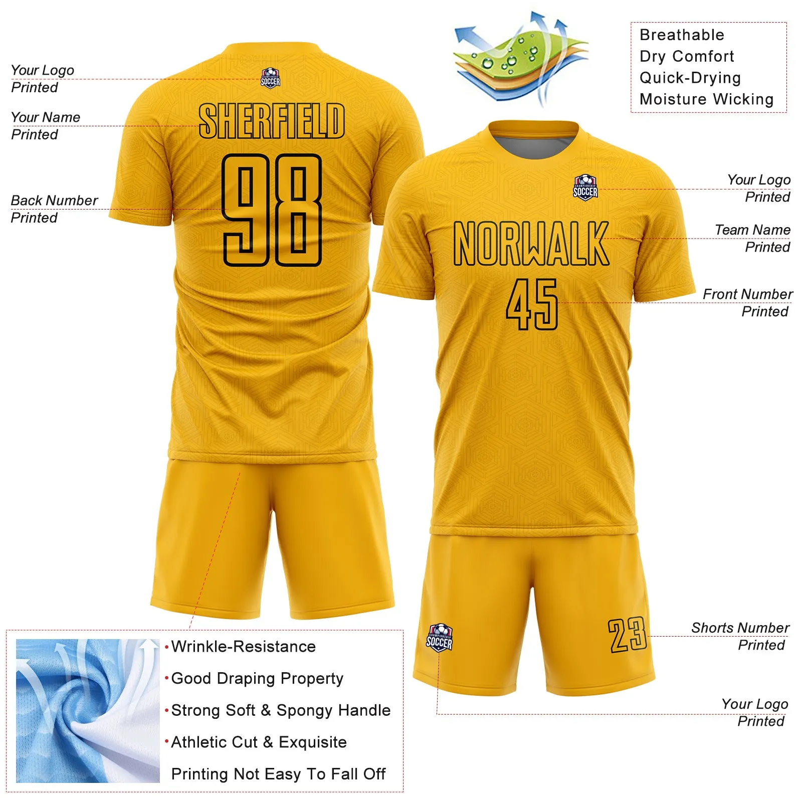 Custom Gold Black Geometric Shape Sublimation Soccer Uniform Jersey