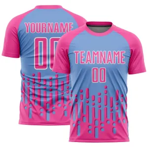 Custom Pink Light Blue-White Abstract Fluid Wave Sublimation Soccer Uniform Jersey