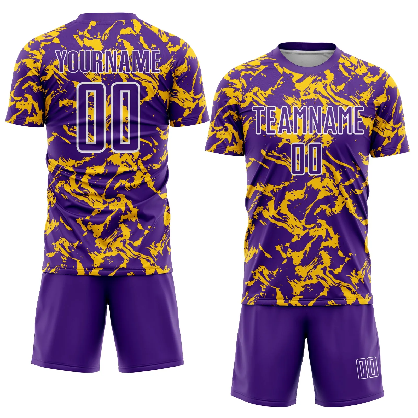 Custom Purple Gold-White Abstract Fluid Sublimation Soccer Uniform Jersey