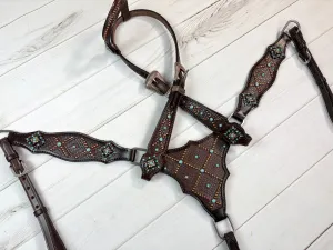 Dark Brown Basket Weave Tooled Gladiator Style Leather Tack Set