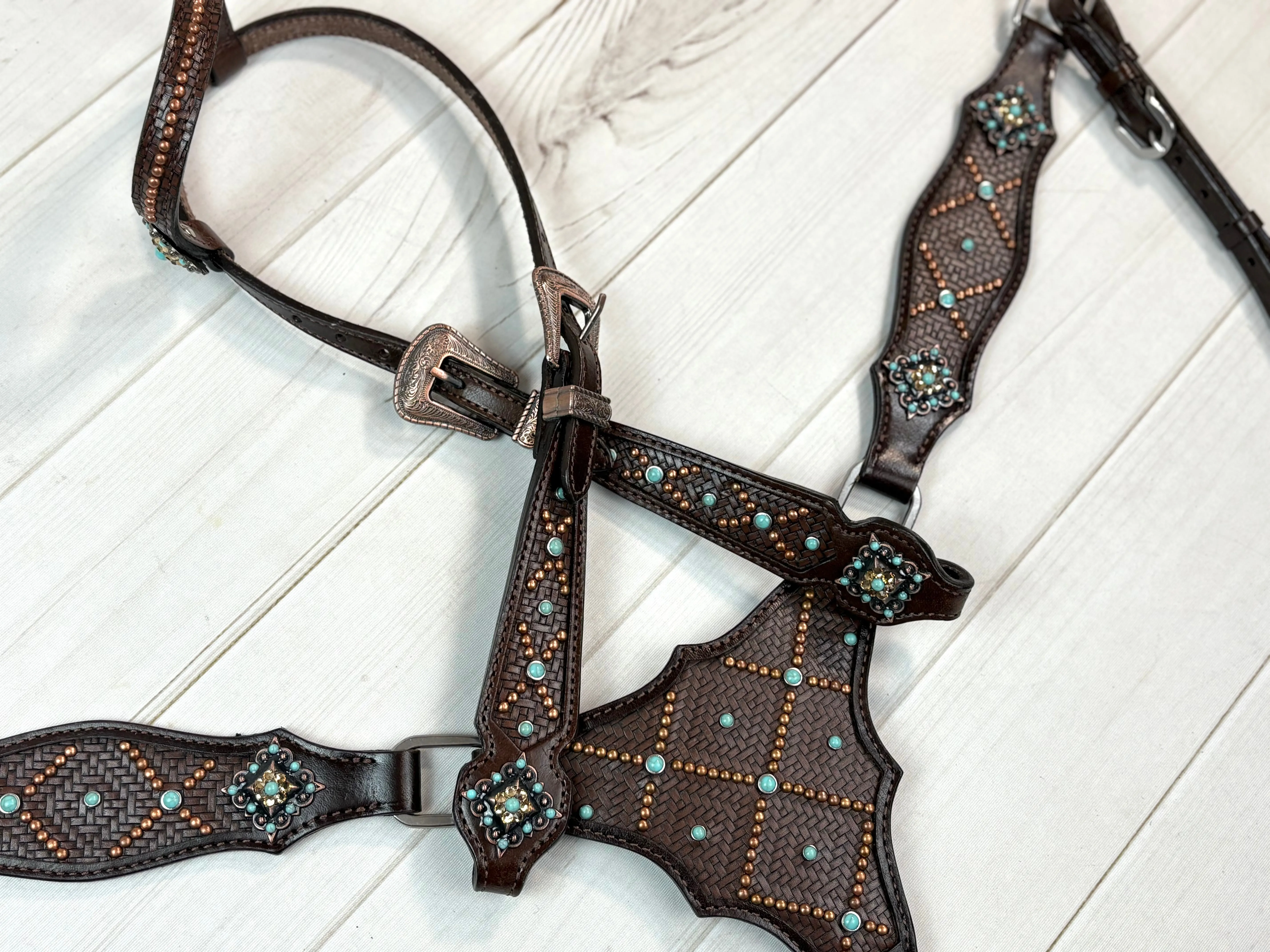 Dark Brown Basket Weave Tooled Gladiator Style Leather Tack Set